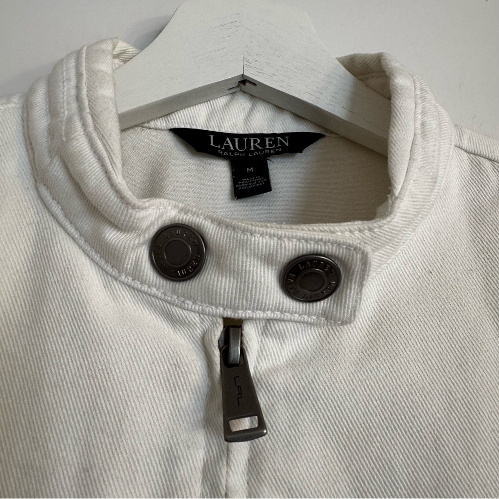 Lauren Ralph Lauren 100% Cotton White Moto Cafe Racer Jacket - Size M - Picture 2 of 10